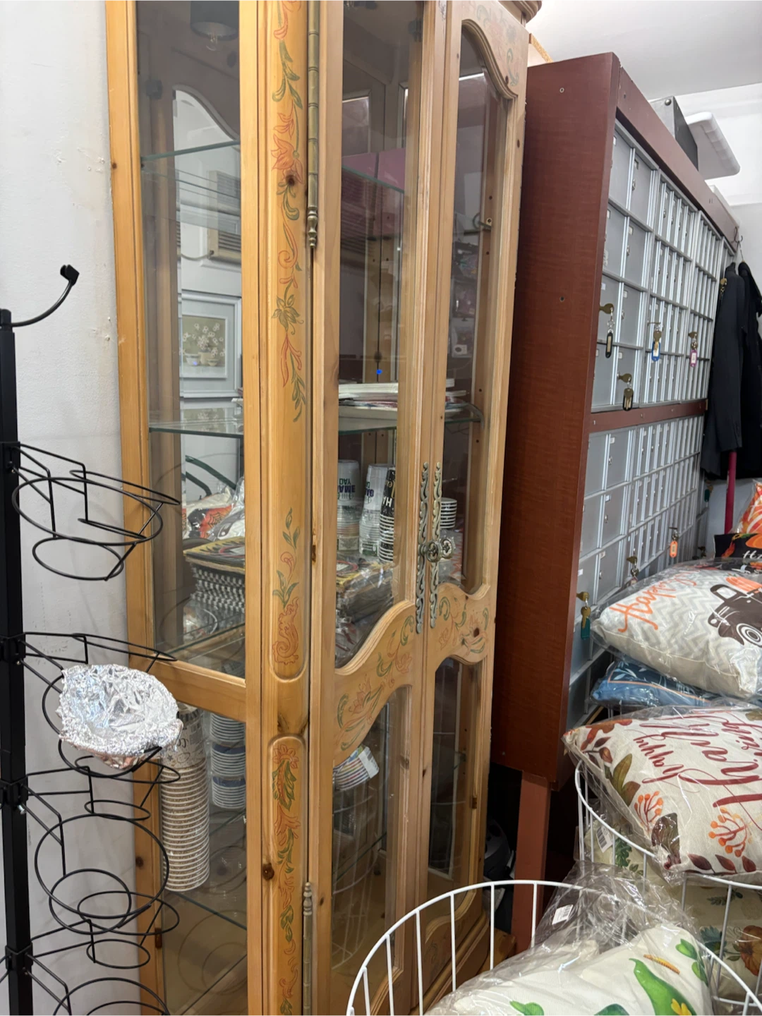 Vintage Glass Display Cabinet with Decorative Wood Accents
