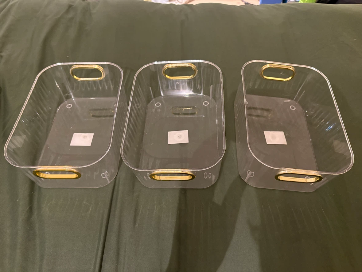 3 Clear Acrylic Storage Organizer Bins with Gold Handles - photo 2