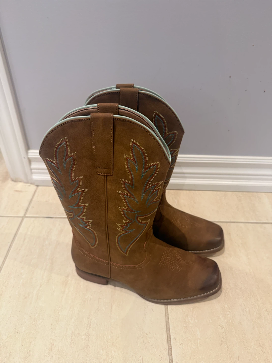 Brown Cowboy Boots with Teal and Orange Stitching