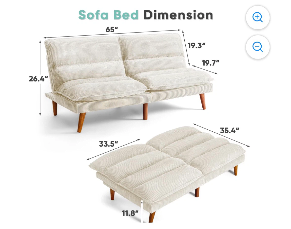 Convertible Corduroy Futon Sofa Bed – Cream/Beige - photo 4