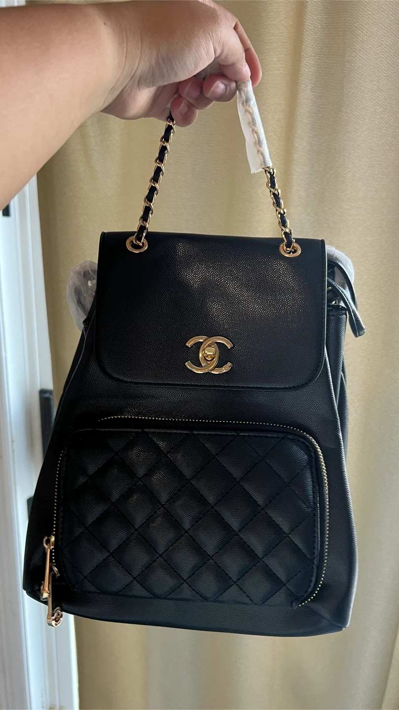 Black Quilted Backpack with Chain Strap
