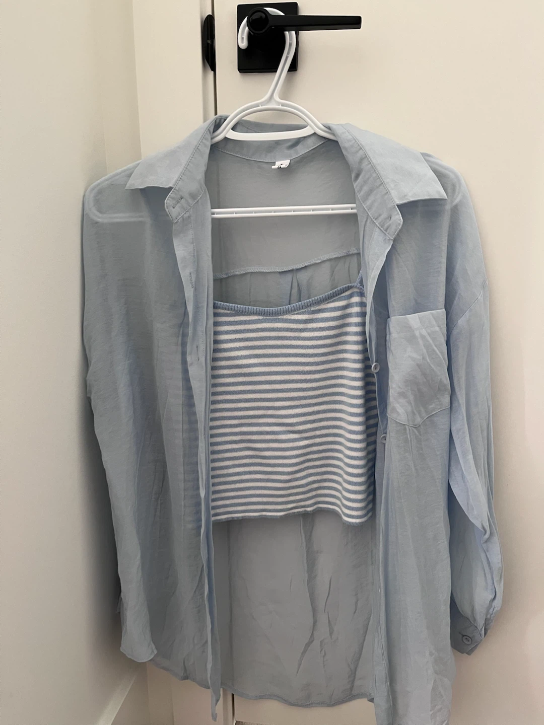 Light Blue Sheer Button-Up Shirt and Striped Tank Top Set