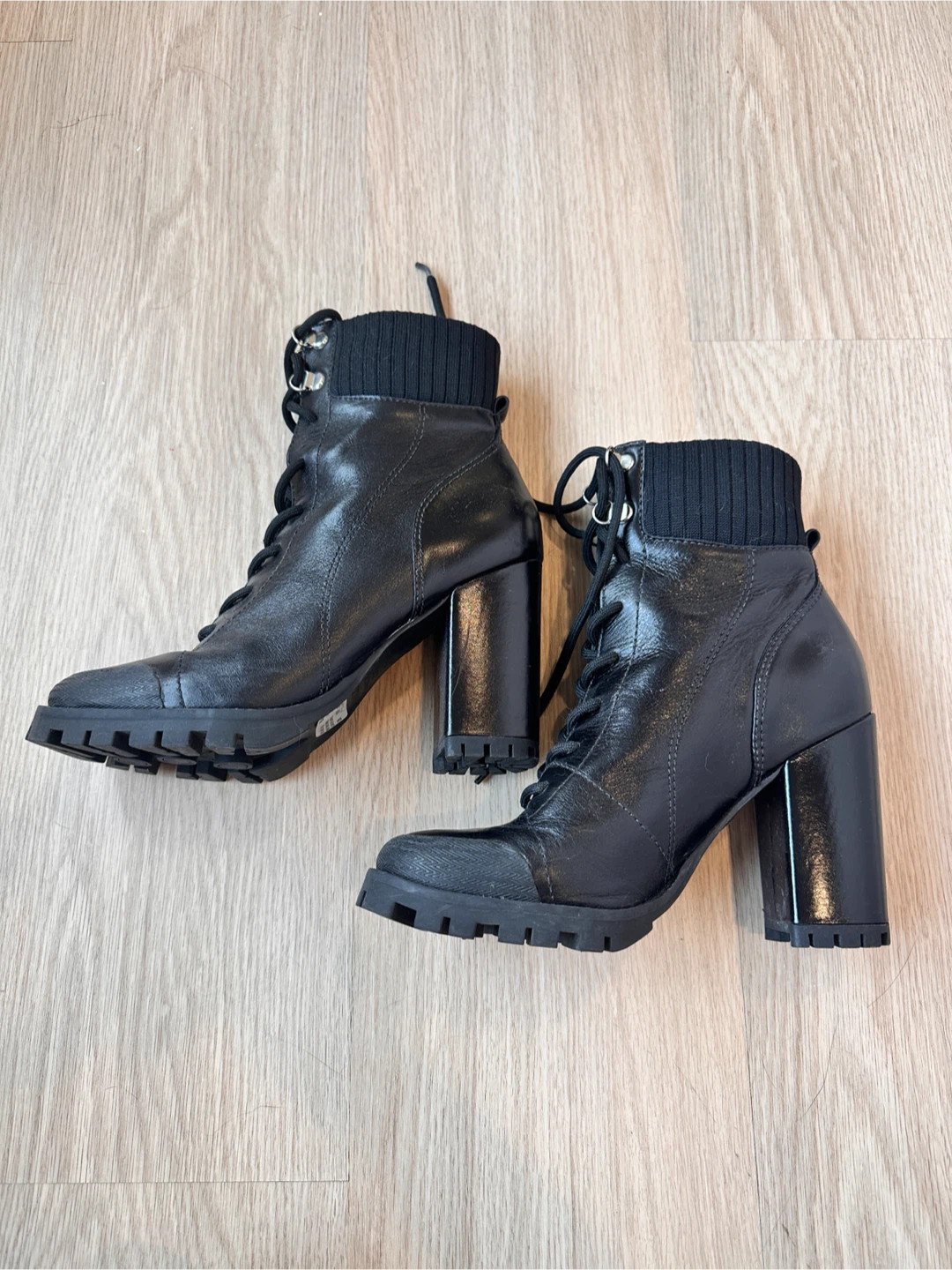 Black Leather Lace-Up Heeled Boots