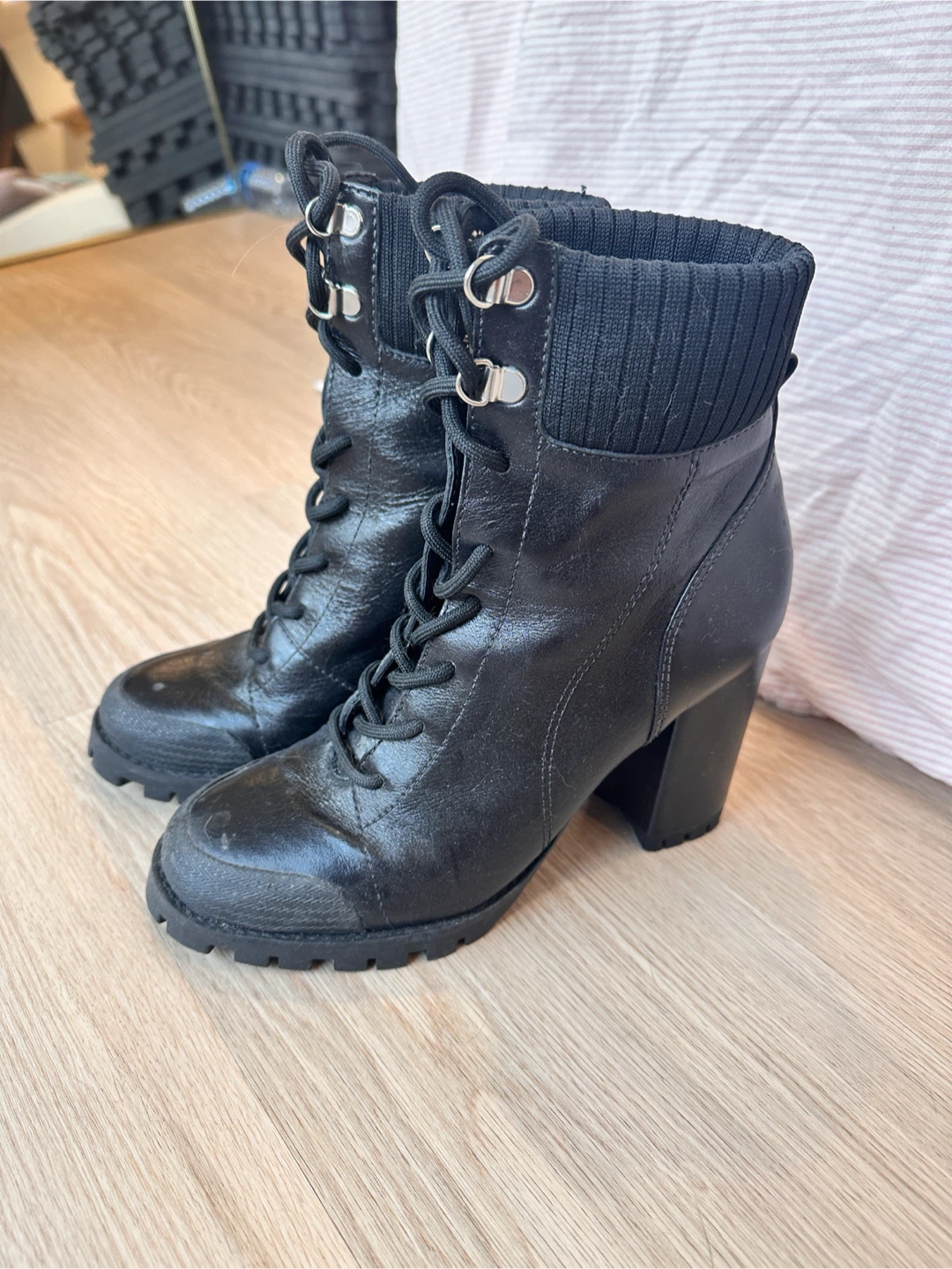 Black Leather Lace-Up Heeled Boots - photo 3