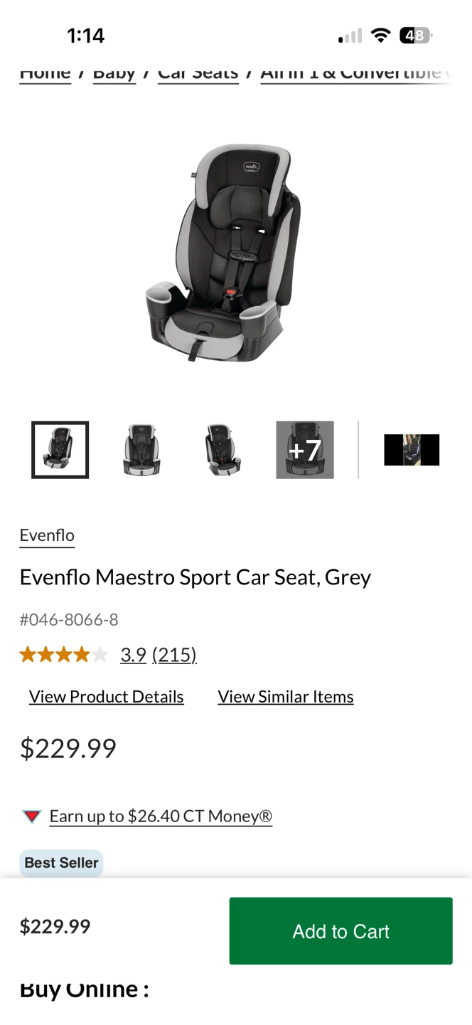 Almost new Evenflo Maestro Sport Car Seat - Grey