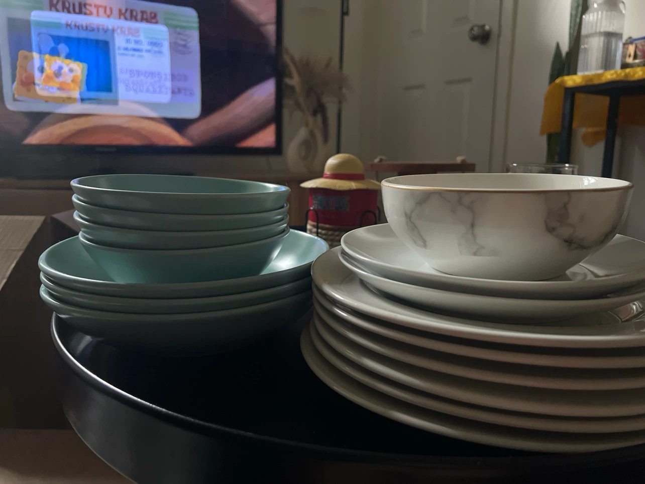 Set of 6 Teal Bowls and 8 White Plates