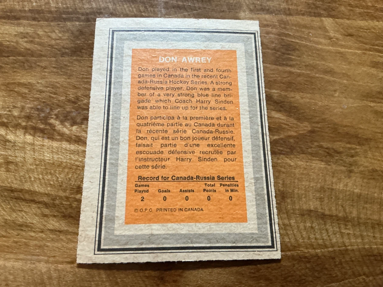 1972 O-PEE-CHEE TEAM CANADA Don Awrey Hockey Card - photo 2