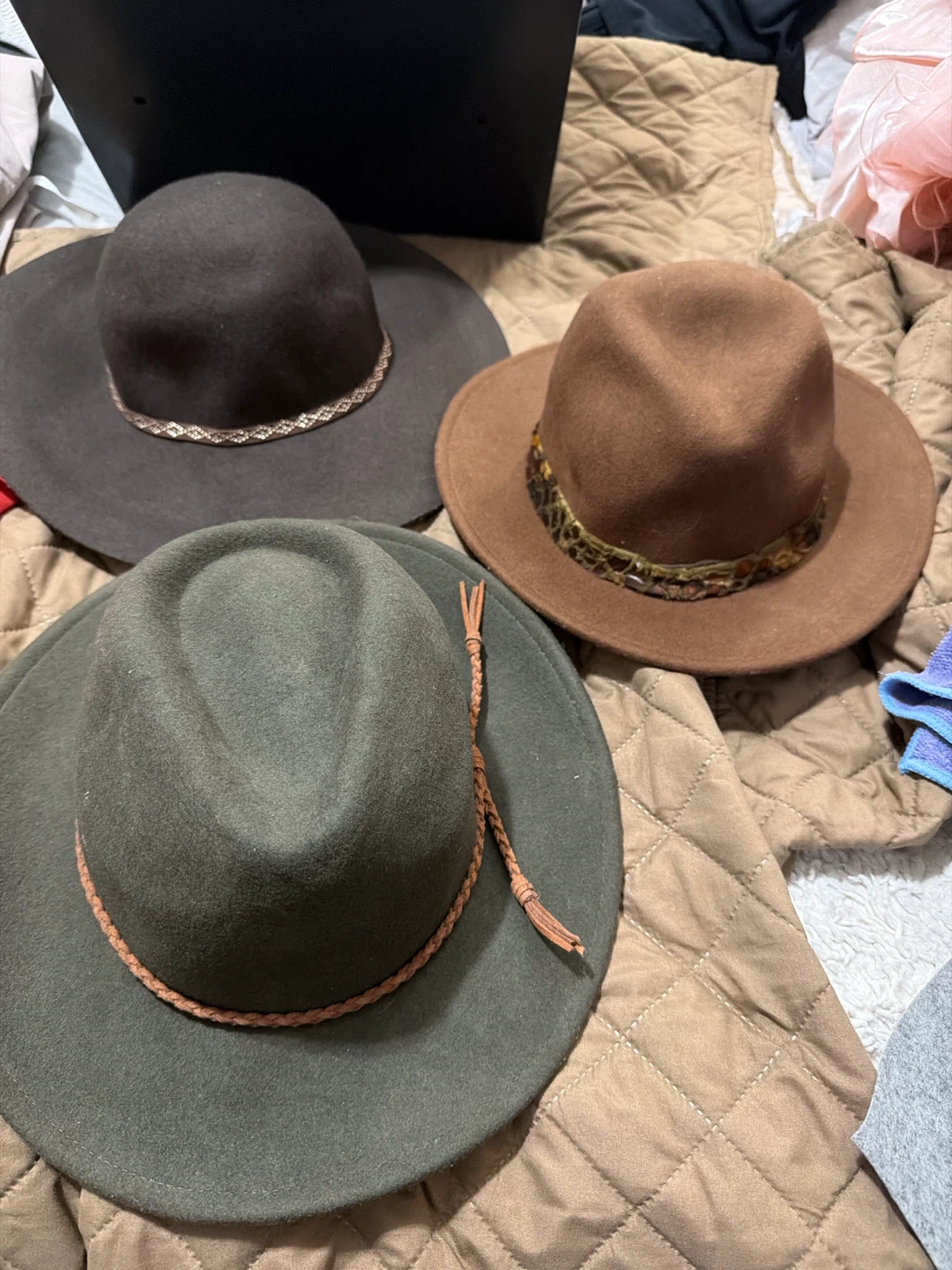 Three Felt Hats - Brown, Olive Green, Charcoal