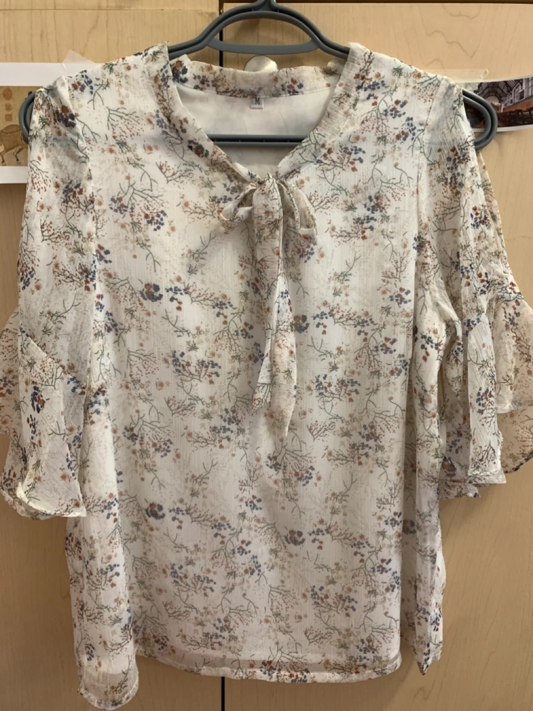 Size S/M EUC Floral Tie-Neck Blouse Ruffle Sleeves Cream