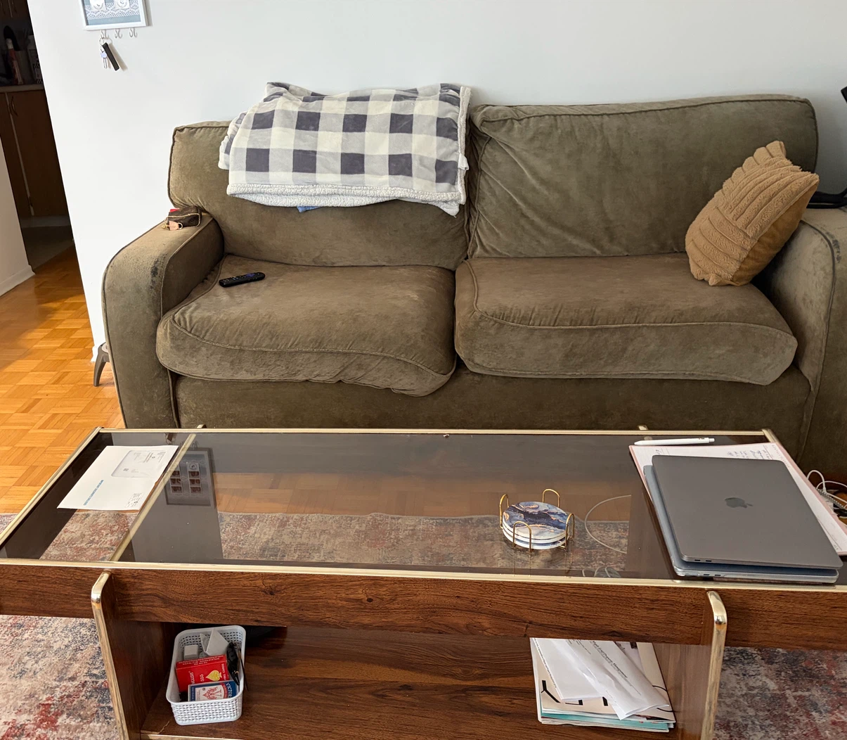 Coffee Table (Glass & Wood) + Couch