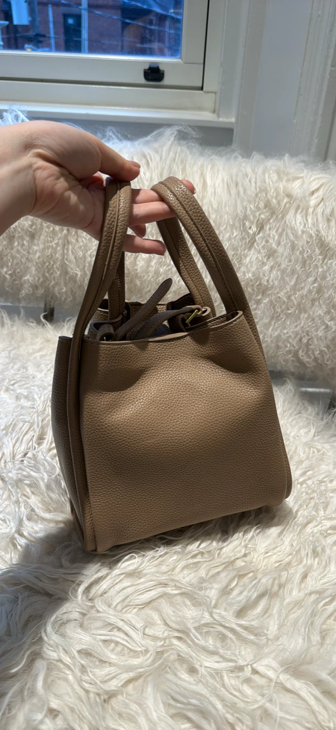 Designer Songmont Tan pebbled leather bucket bag