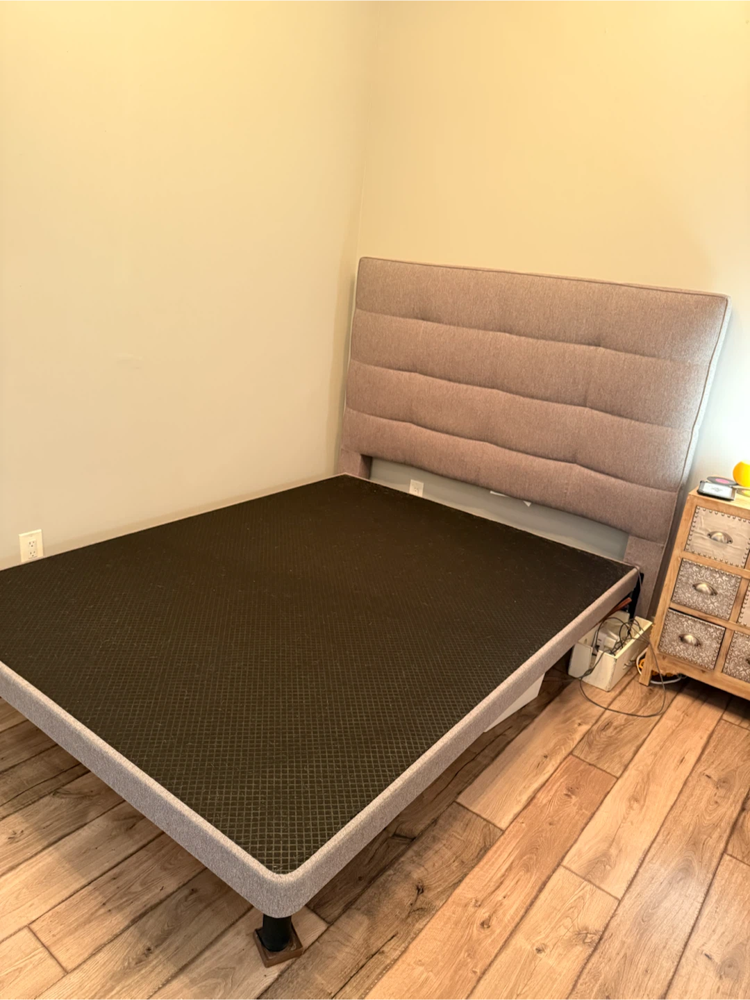 Grey Upholstered Headboard and Bed Frame