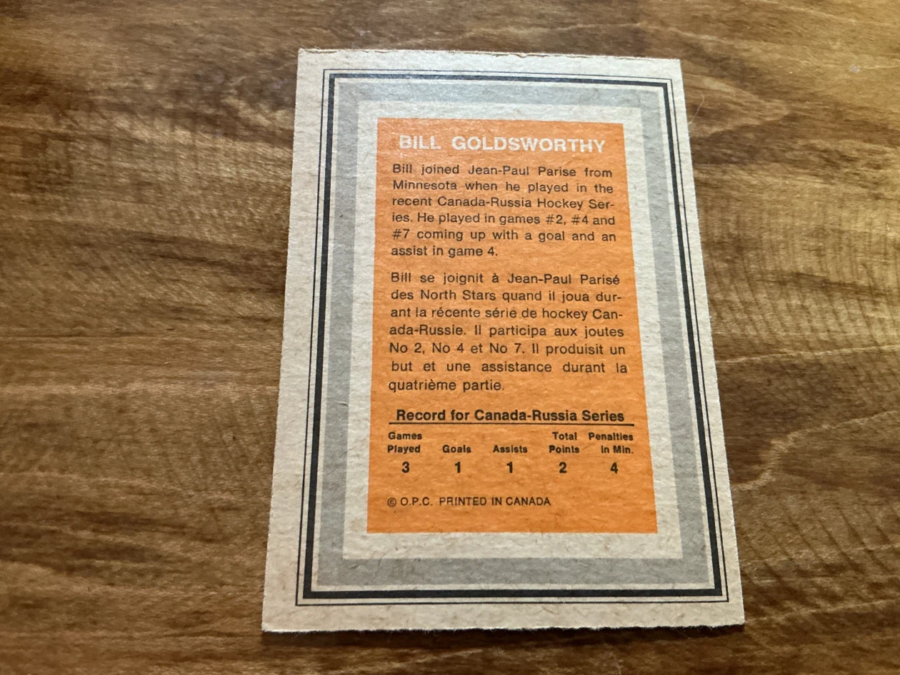 1972 O-PEE-CHEE TEAM CANADA Bill Goldsworthy Hockey Card - photo 2