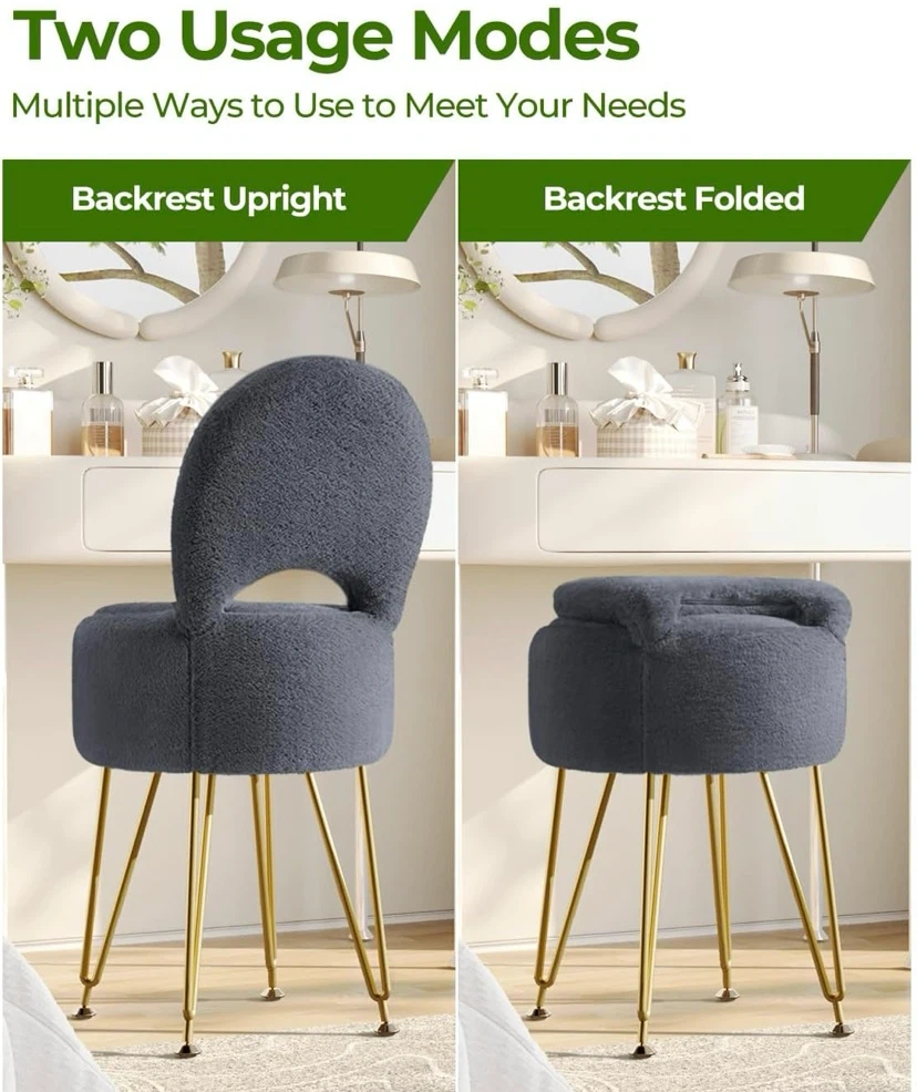 New Faux Fur Soft Vanity Stool Ottoman with Storage  Grey - photo 5