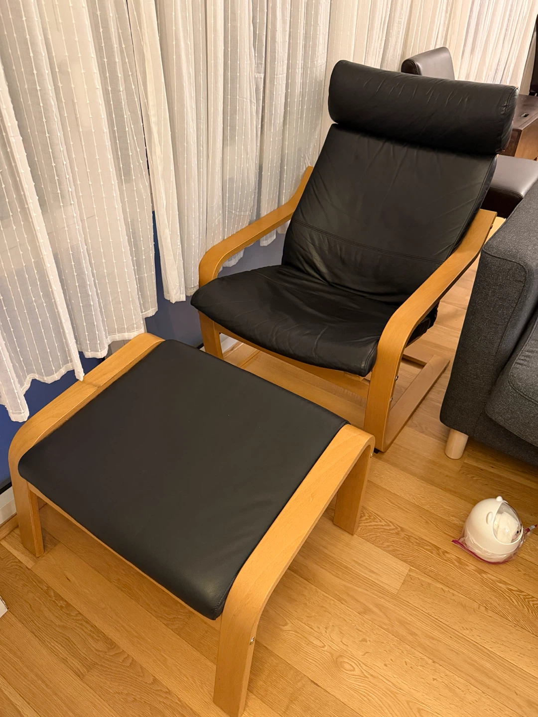IKEA POÄNG black leather armchair and ottoman set