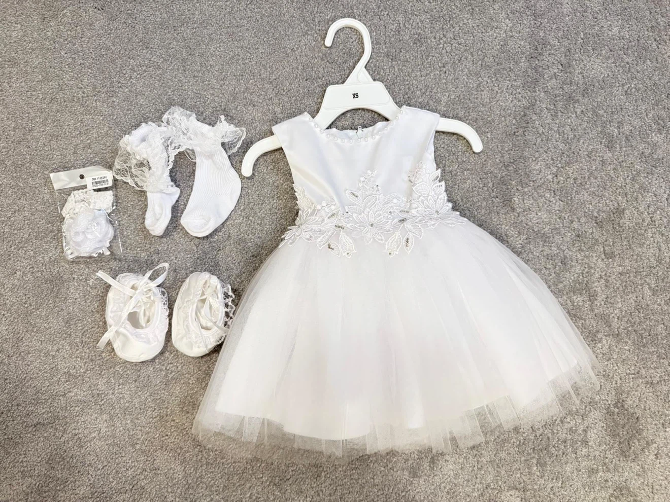 White Baby Dress Set with Socks and Shoes