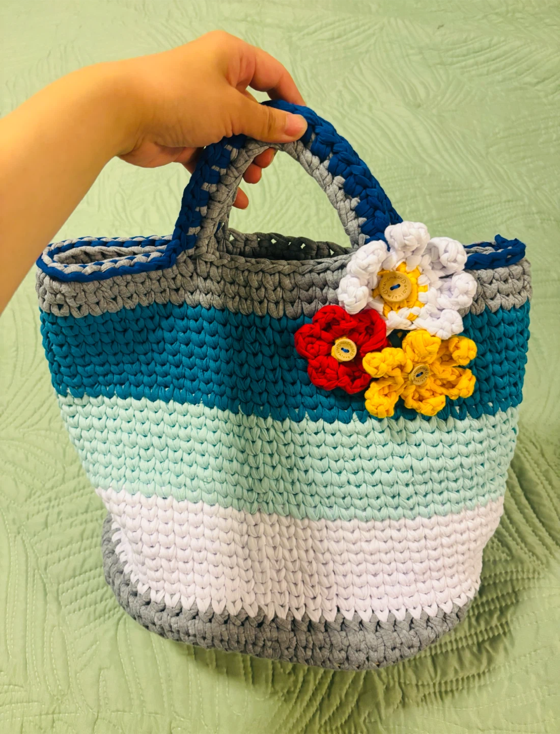 Crocheted Bag/Basket with Wooden Base and Flower Embellishments