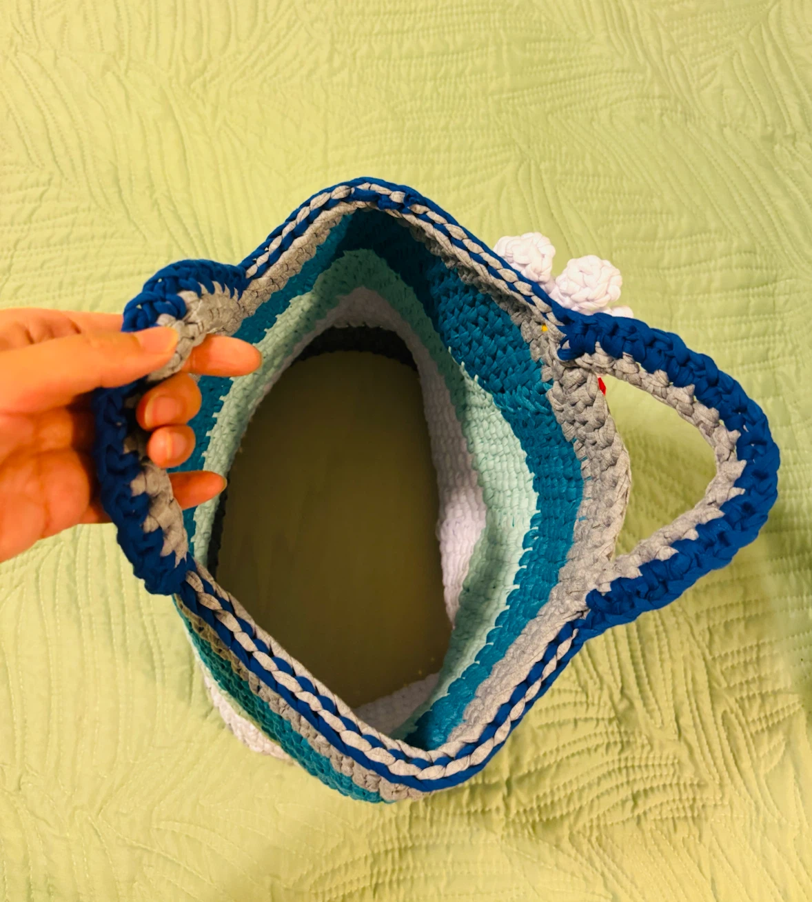 Crocheted Bag/Basket with Wooden Base and Flower Embellishments - photo 2