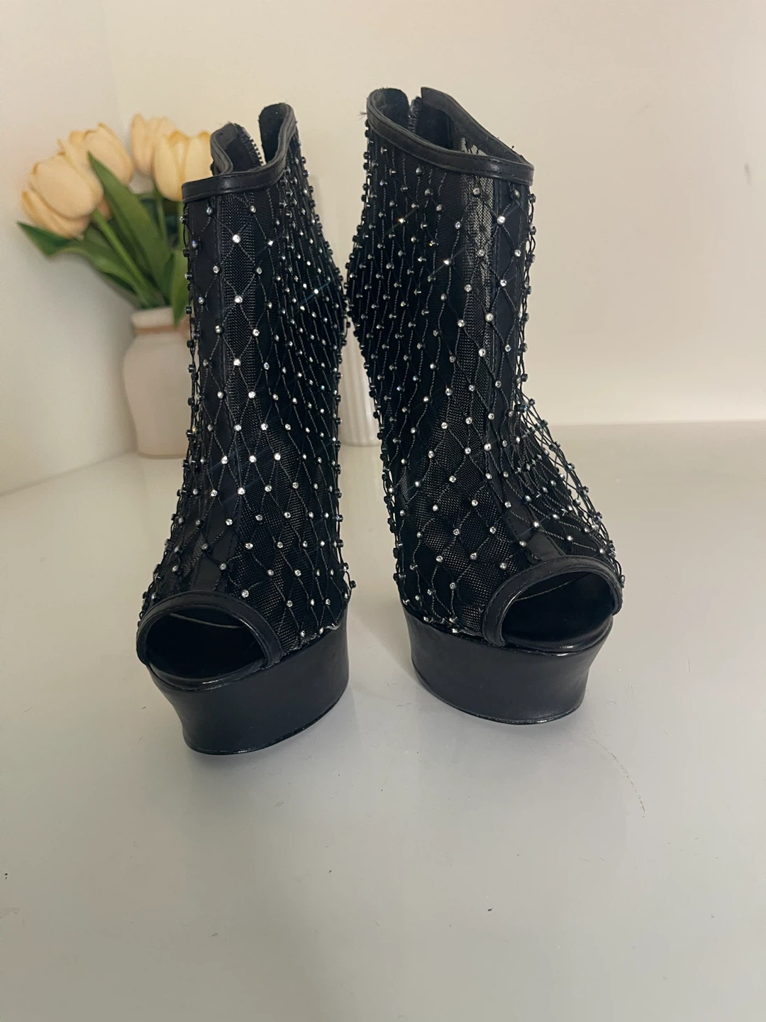 Rock & Republic Black Mesh Studded Peep-Toe Heels - photo 5