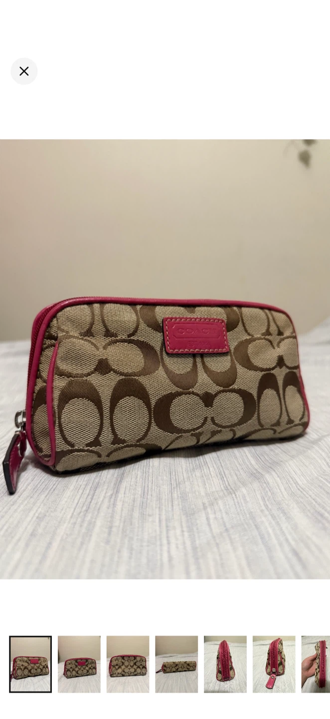 Vintage Coach Beige/Brown/Pink Signature Cosmetic Pouch