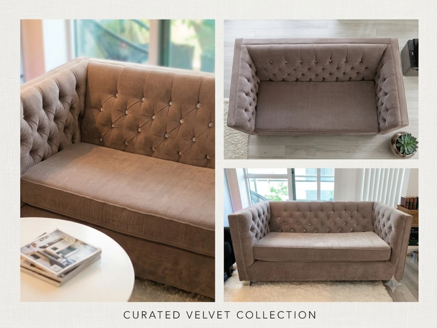 Grey Tufted Velvet Sofa with Crystal Accents