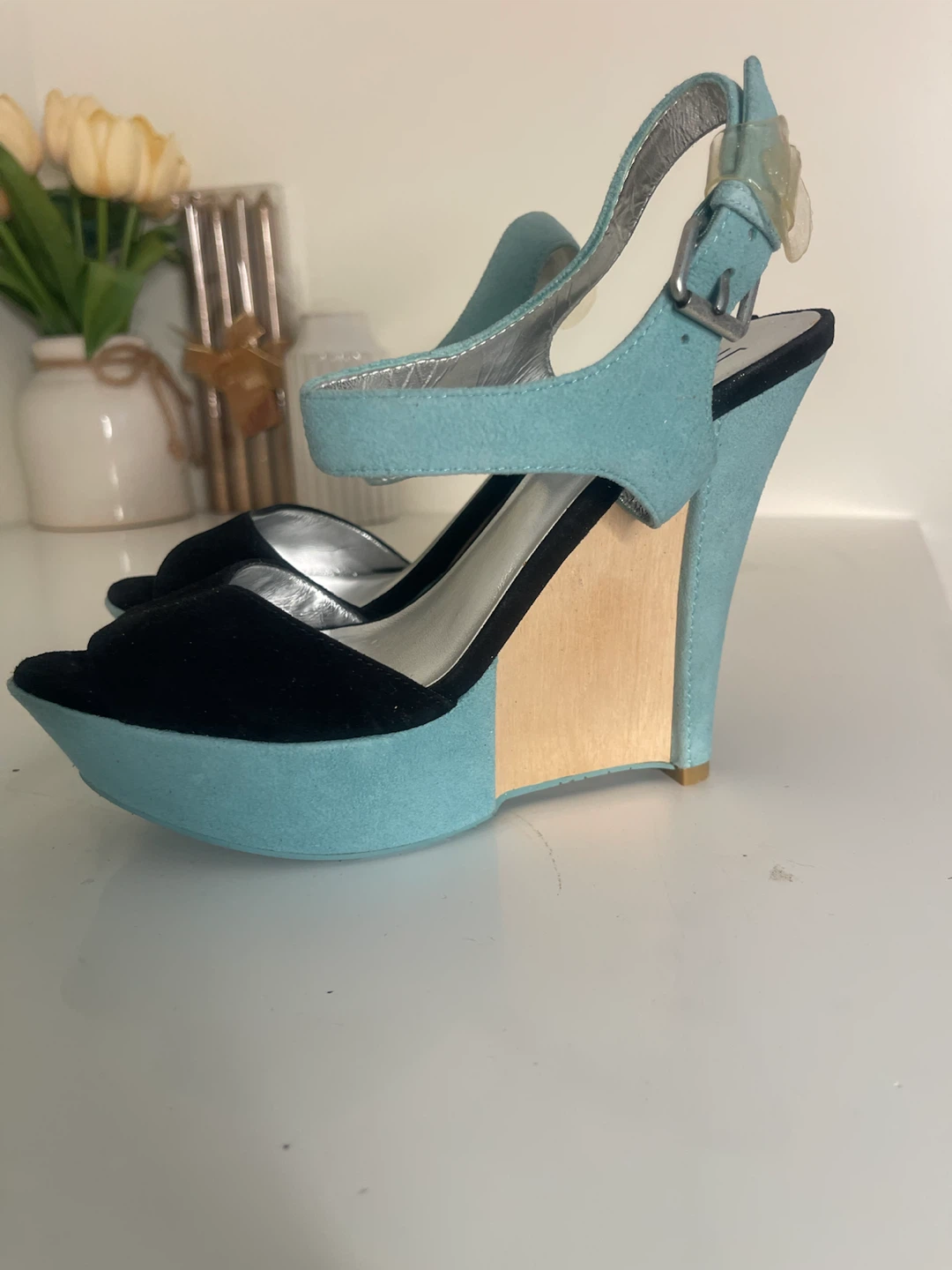 Pelle Moda Teal Suede Wedge Sandals
