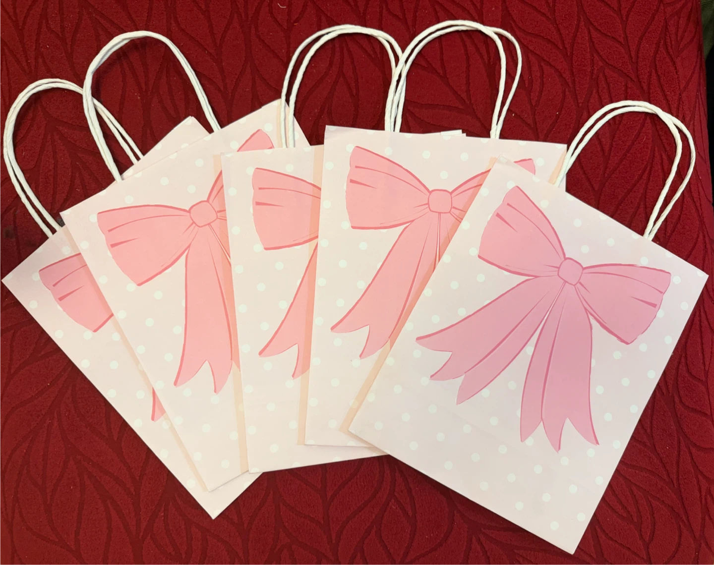 Pink Polka Dot Gift Bags with Bows - Set of 5