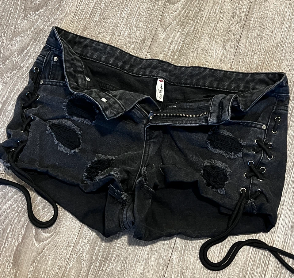 Y2K Ripped Black Denim Shorts with Lace-Up Sides