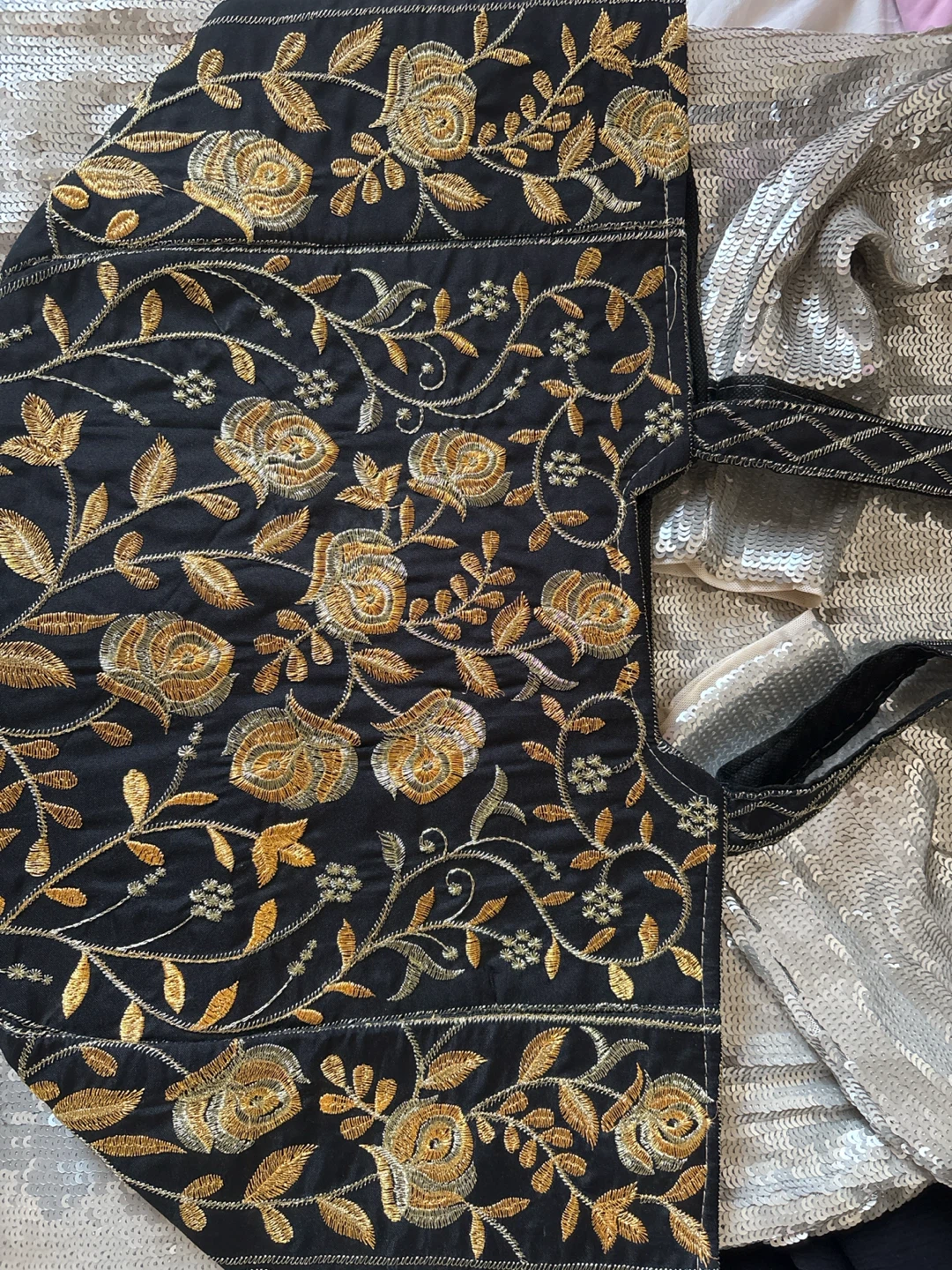 Embroidered Black Bag with Gold Floral Design