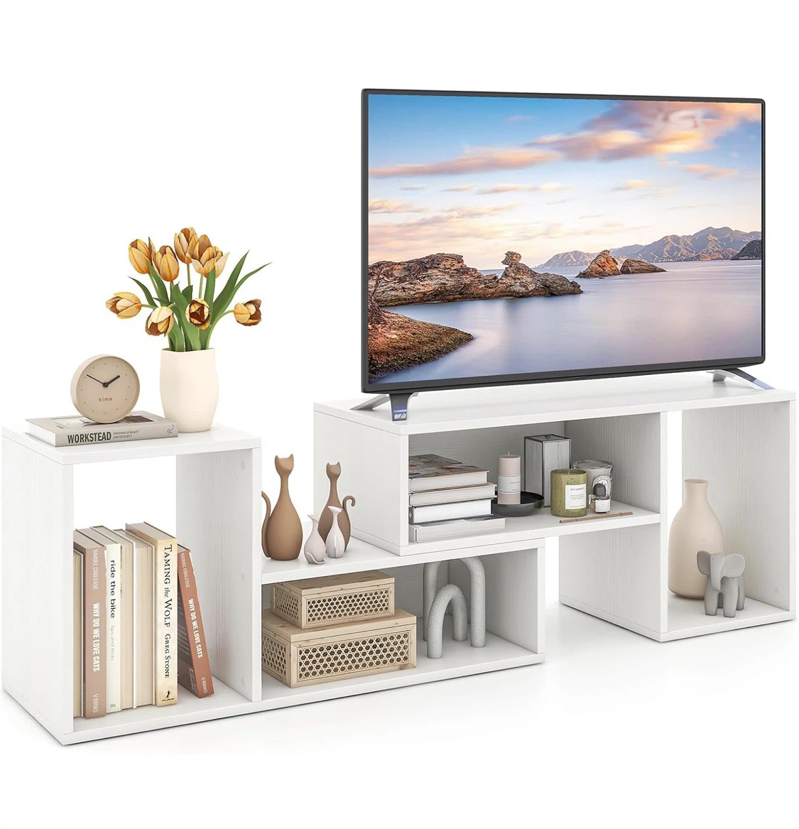 Adjustable White TV Stand Console Shelf