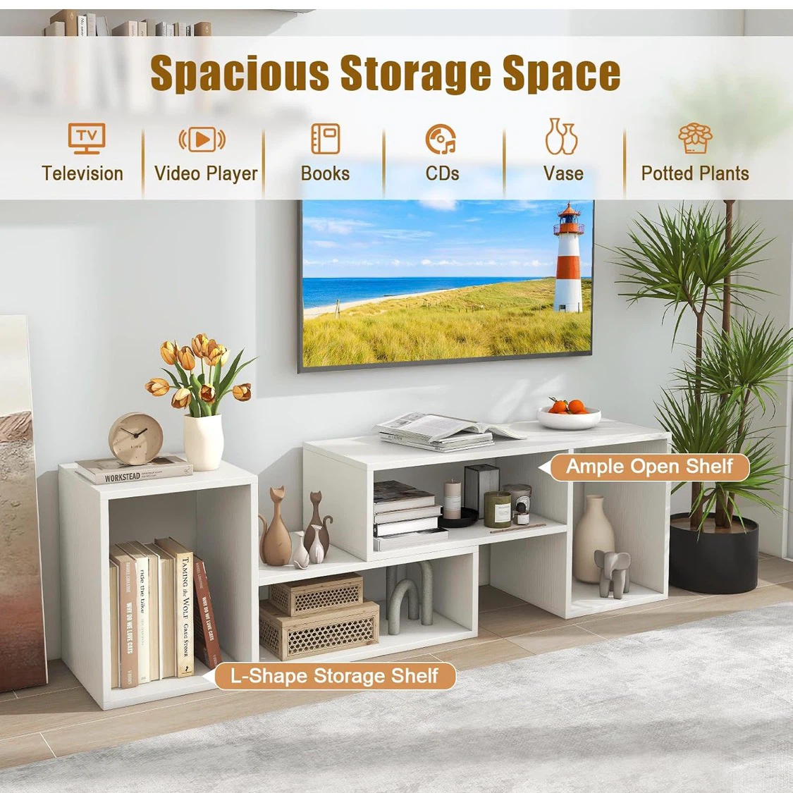 Adjustable White TV Stand Console Shelf - photo 5