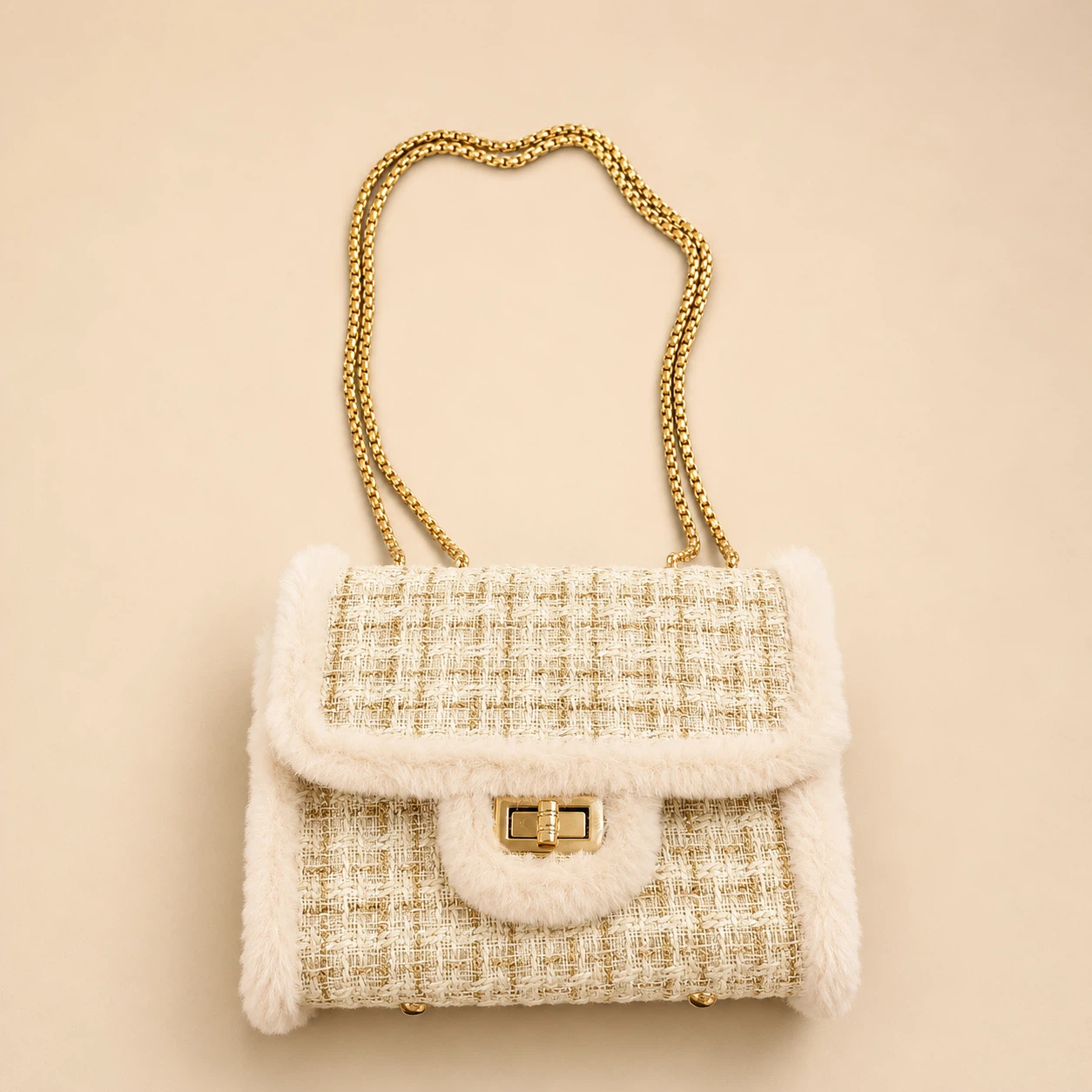 Tweed and Faux Fur Chain Bag