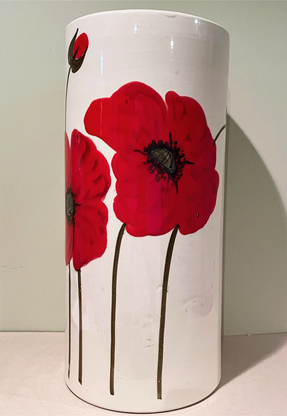 White Ceramic Vase with Red Poppies