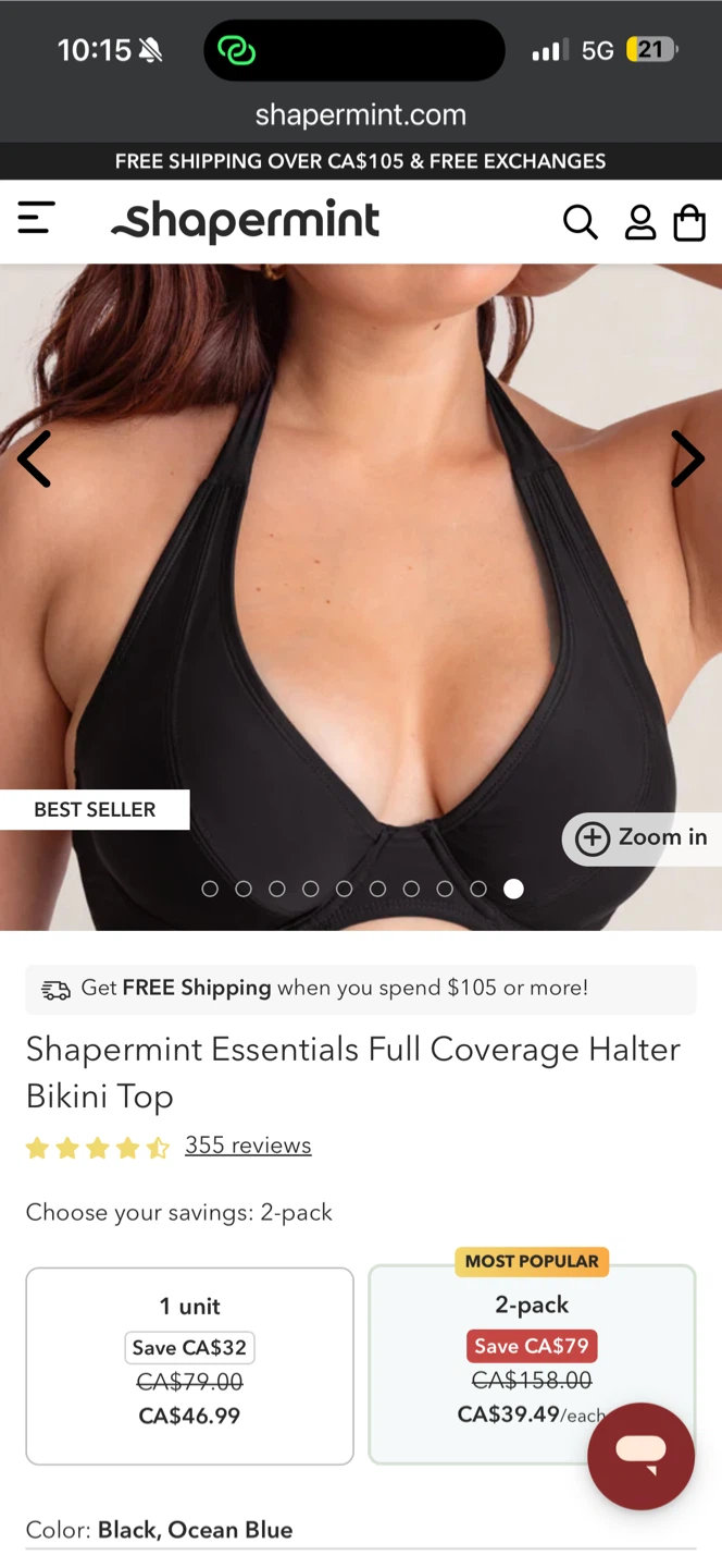 Shapermint Essentials Full Coverage Halter Bikini Top