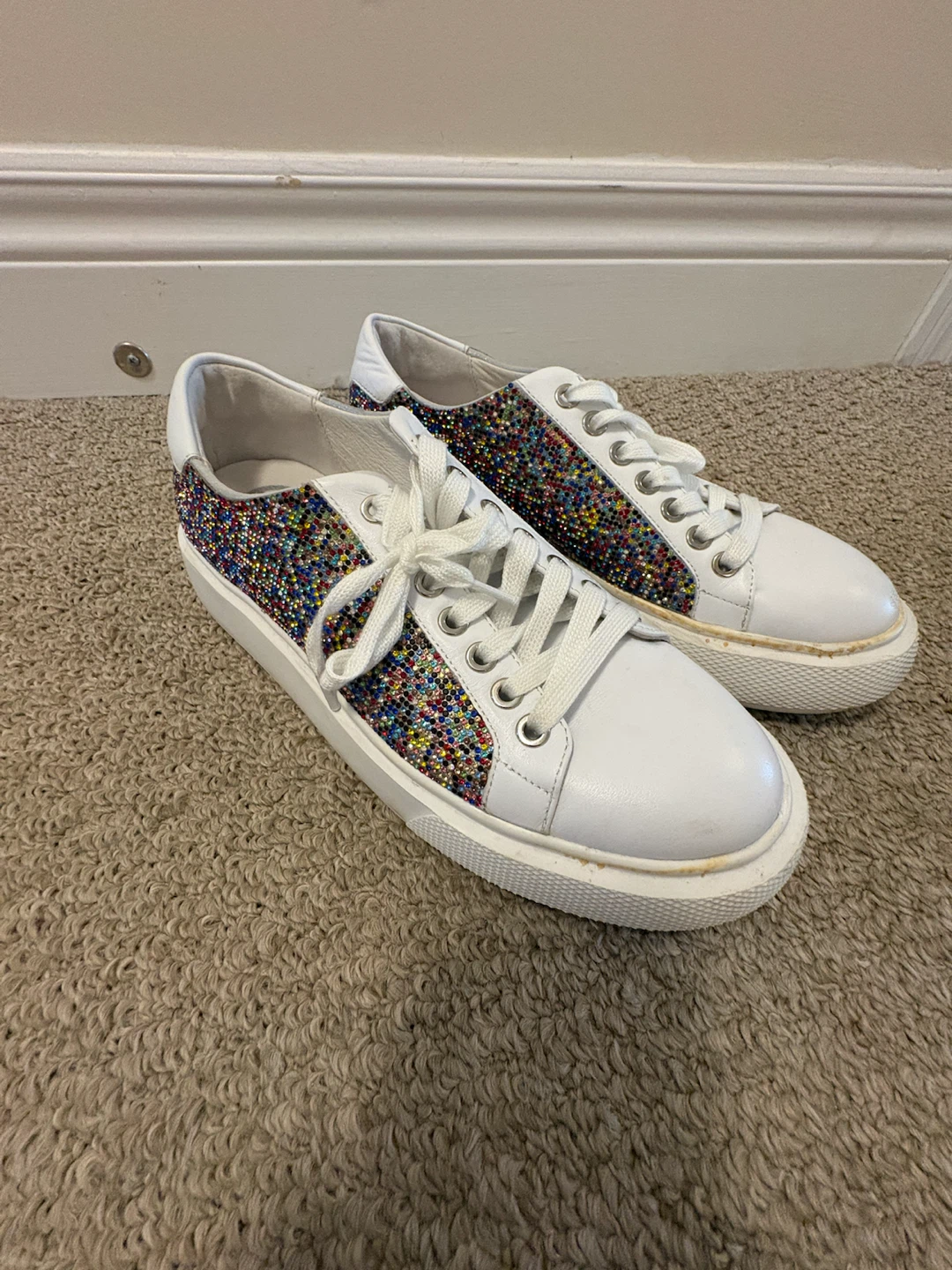 White Leather Sneakers with Rhinestone Embellishment