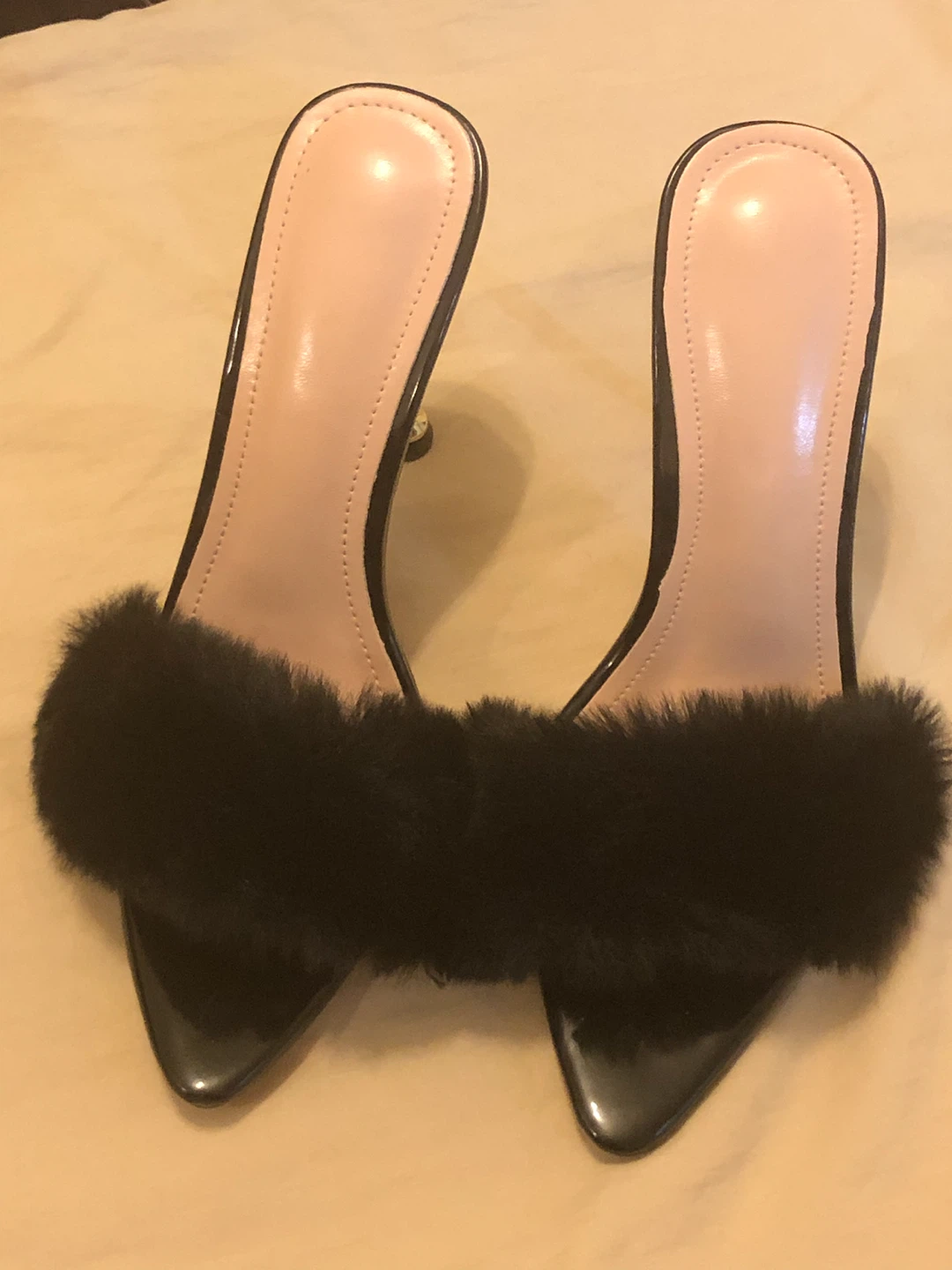 Black Fur Slide Heels