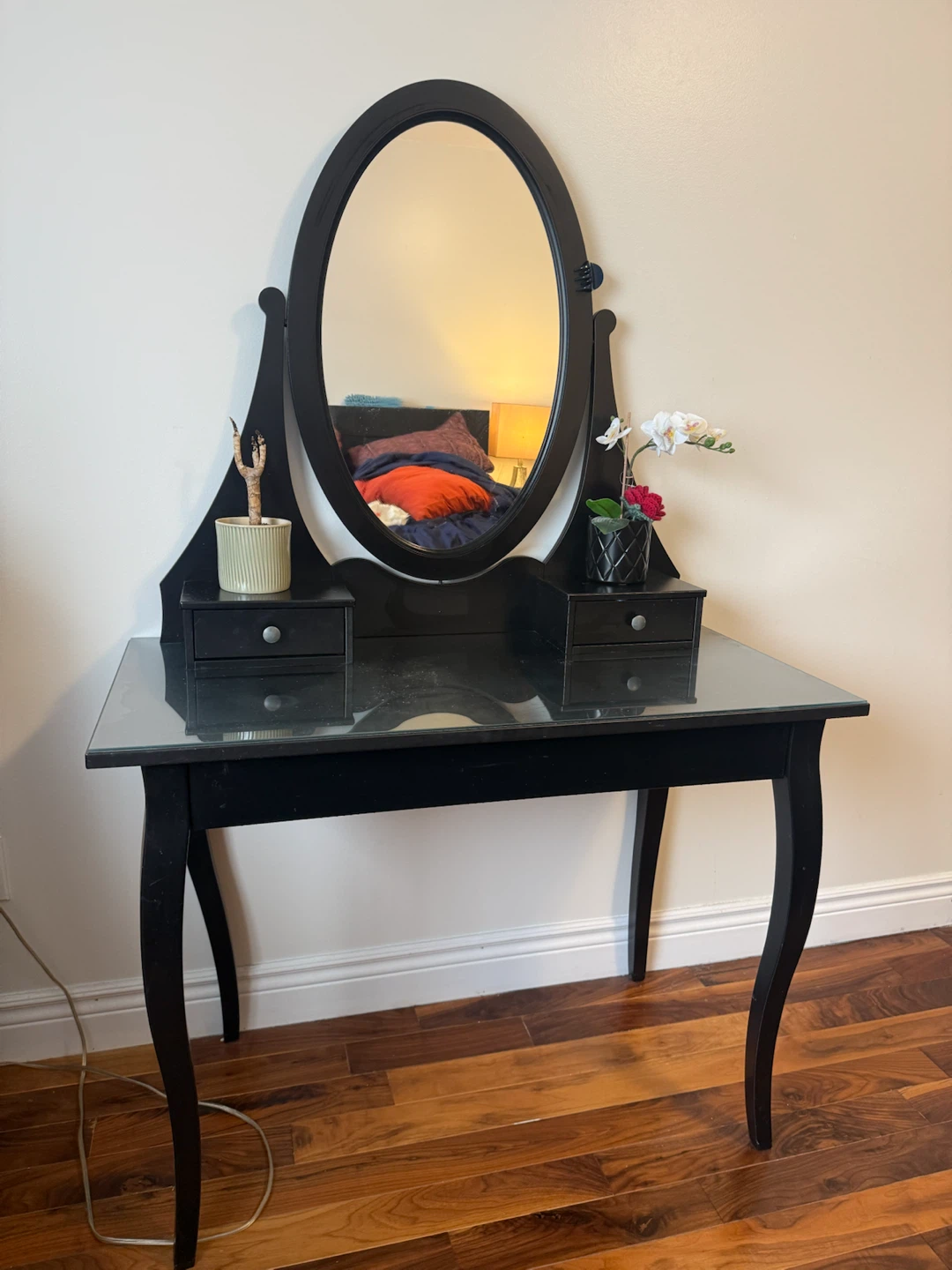 Black Vanity Table with Mirror and Drawers