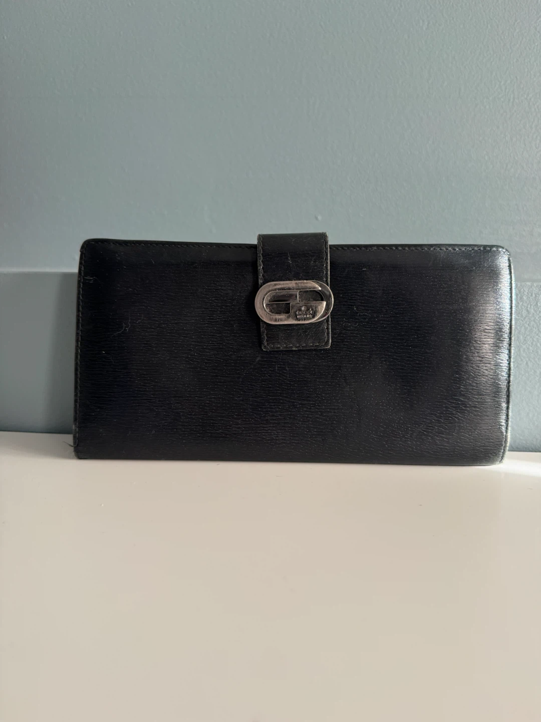 Gucci Black Leather Long wallet Metal Chain Authentic