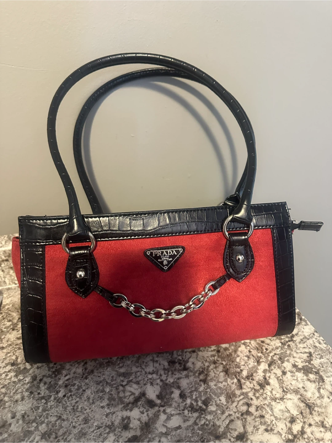 PRADA Red Suede & Faux Croc Handbag
