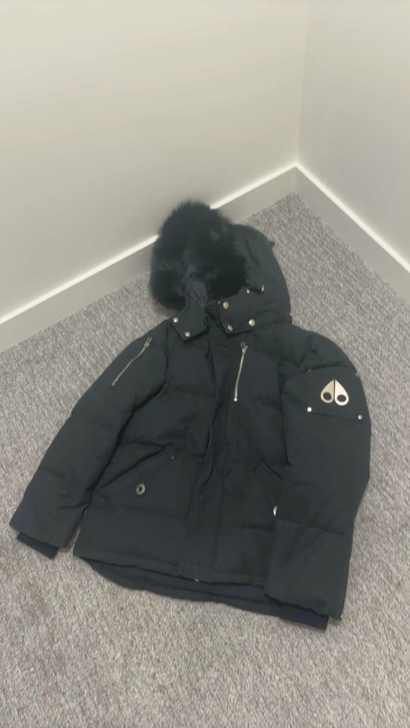 Moose Knuckles Black Puffer Jacket with Fur Hood