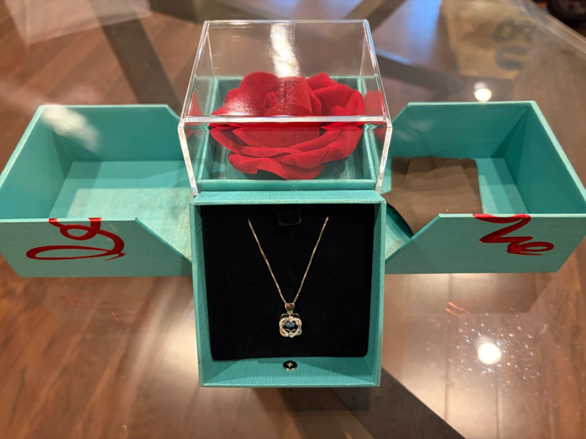 Silver Necklace with Blue Stone Pendant in a Rose Gift Box