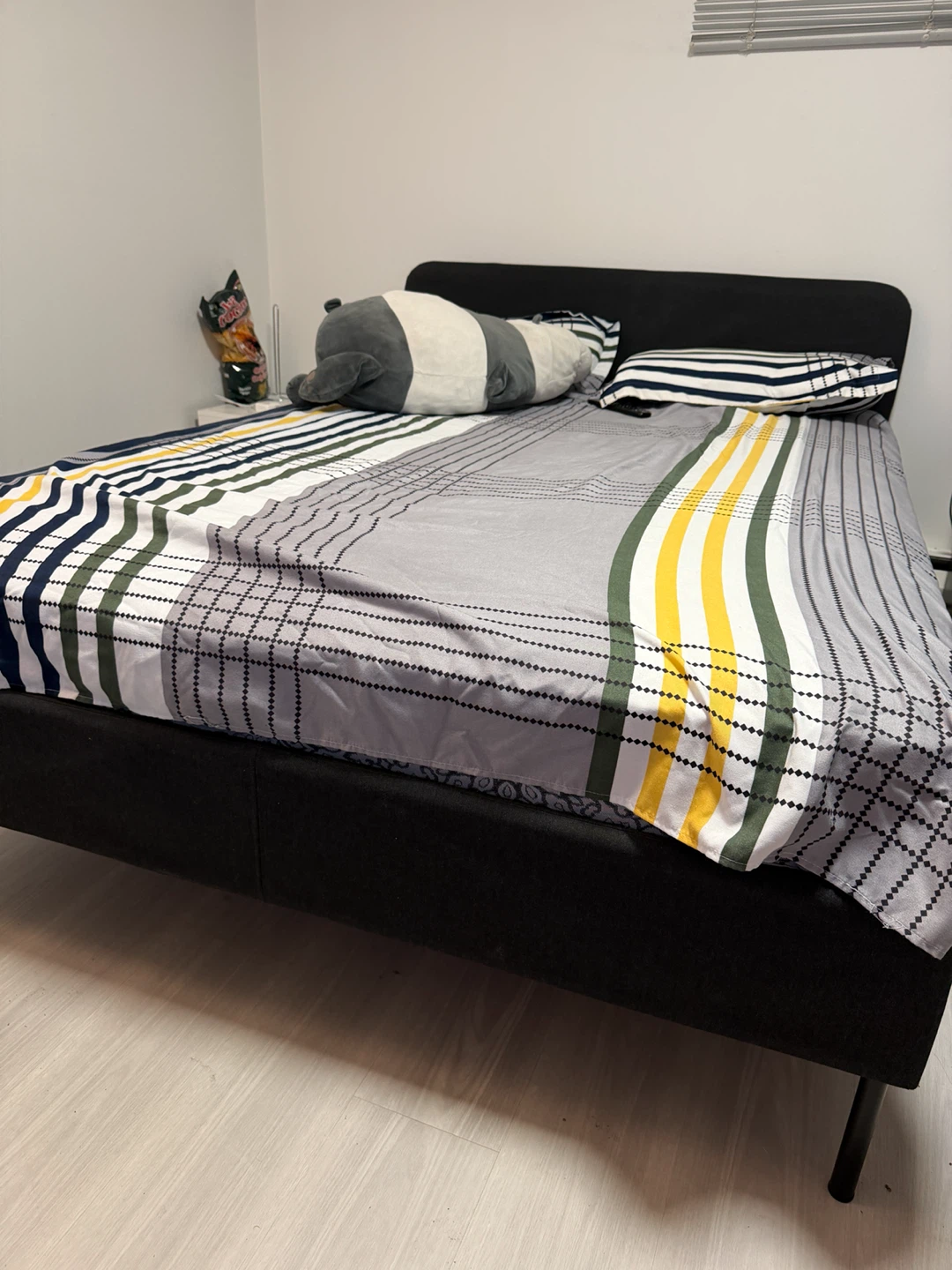 IKEA Black Upholstered Queen Bed Frame + amazon mattress