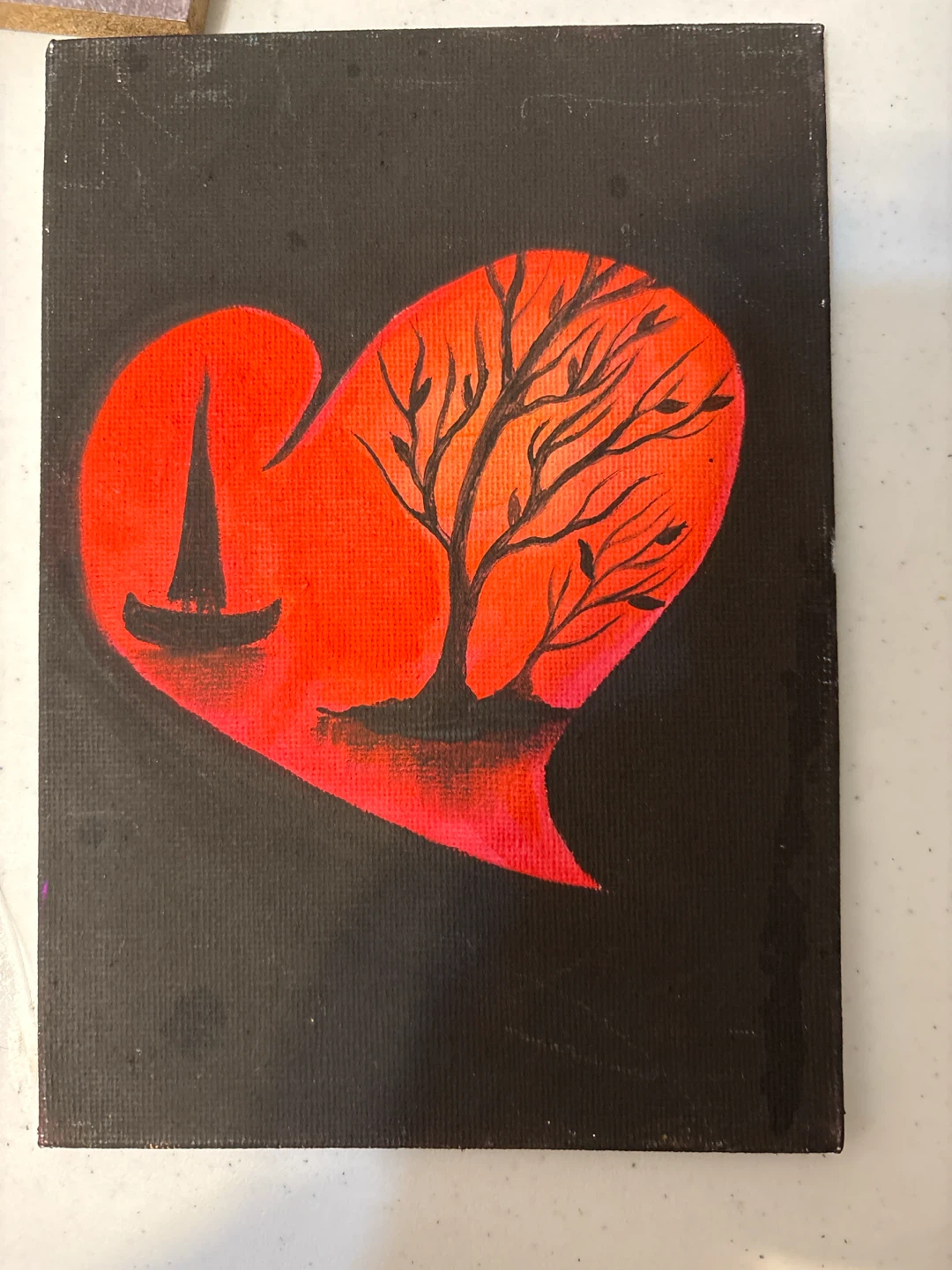 Heart Painting with Tree and Sailboat