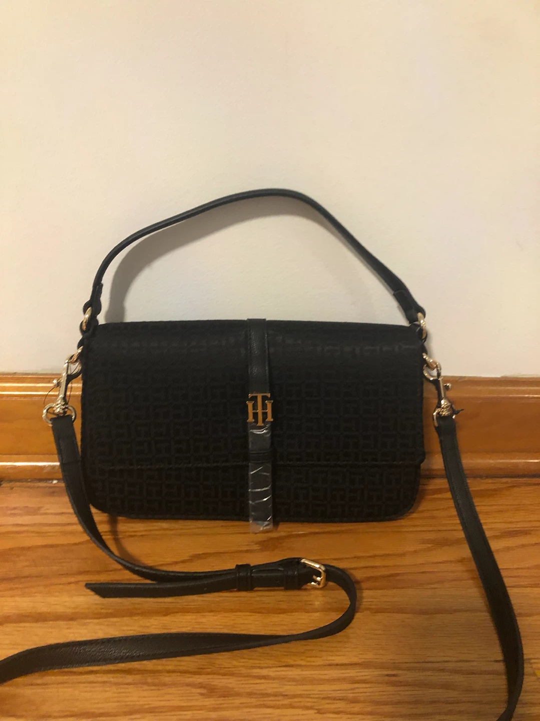 Tommy Hilfiger Black Monogram Flap Crossbody Bag
