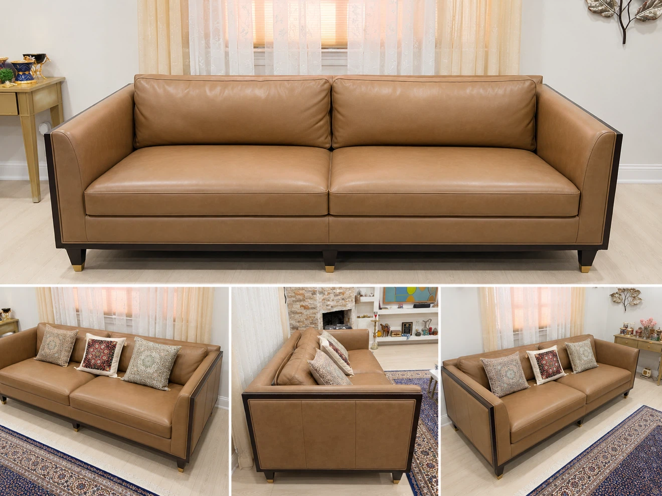 Tan Leather Sofa with Dark Wood Trim