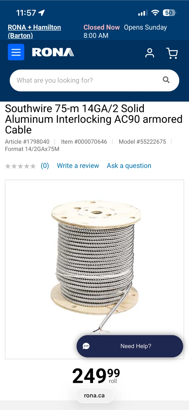 75m 14/2 Solid Aluminum AC90 Armored Cable