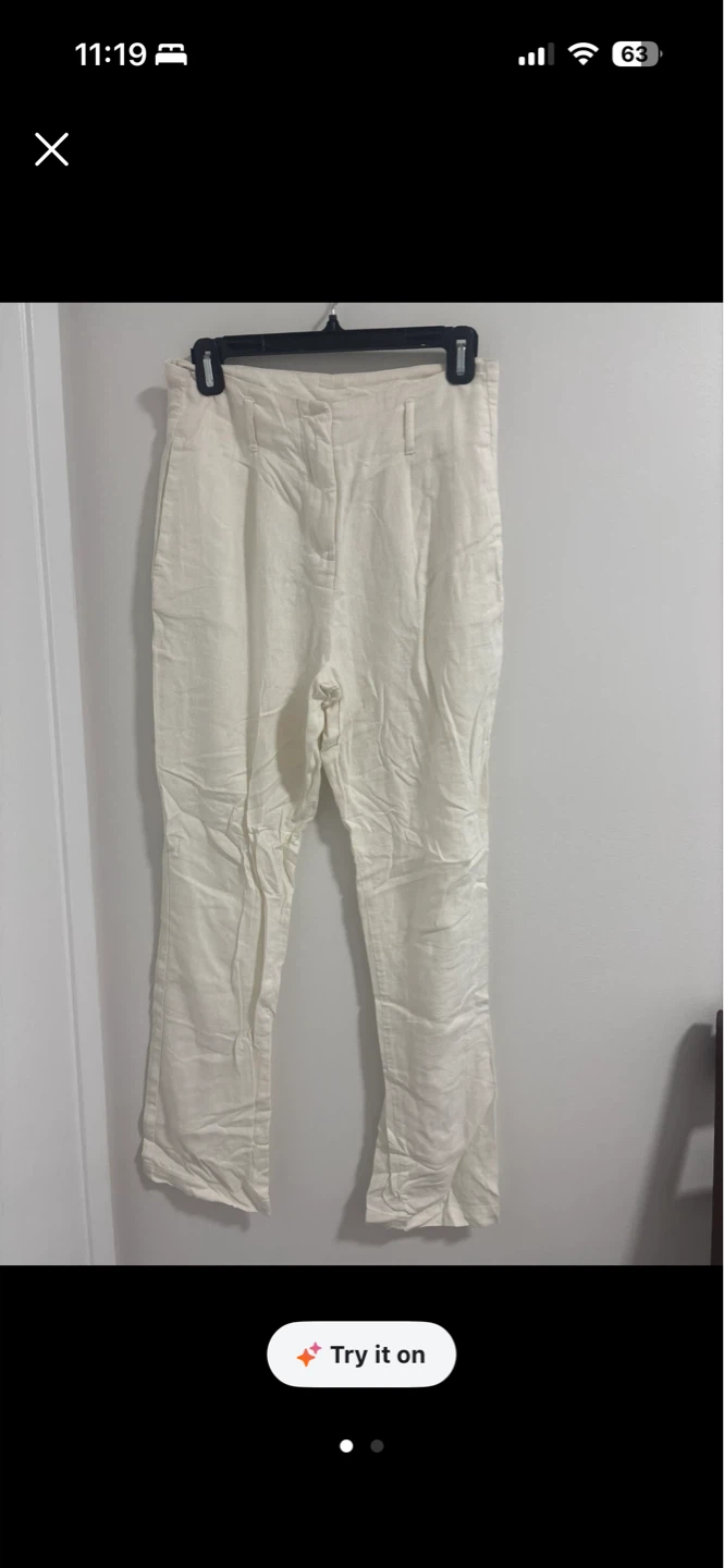 Cream Linen Blend Wide Leg Pants