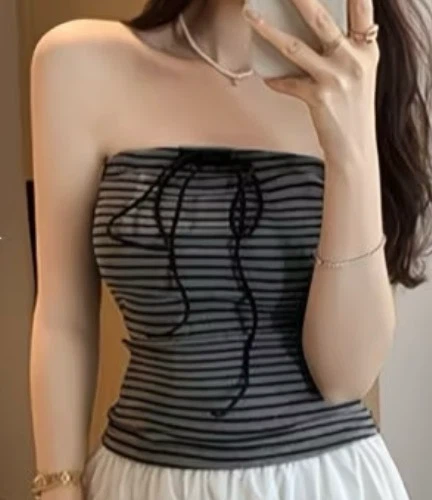XS Korean Striped Tube Top with Drawstring - Brand New - photo 2