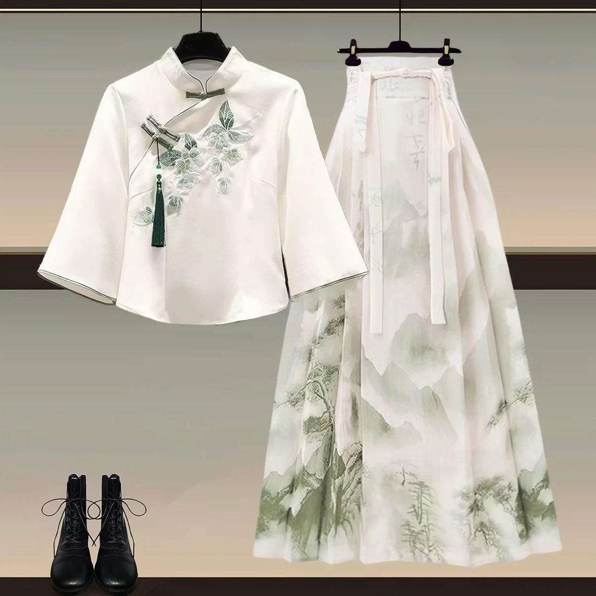 White Embroidered Tasselled Blouse and Mountain Print Skirt Set