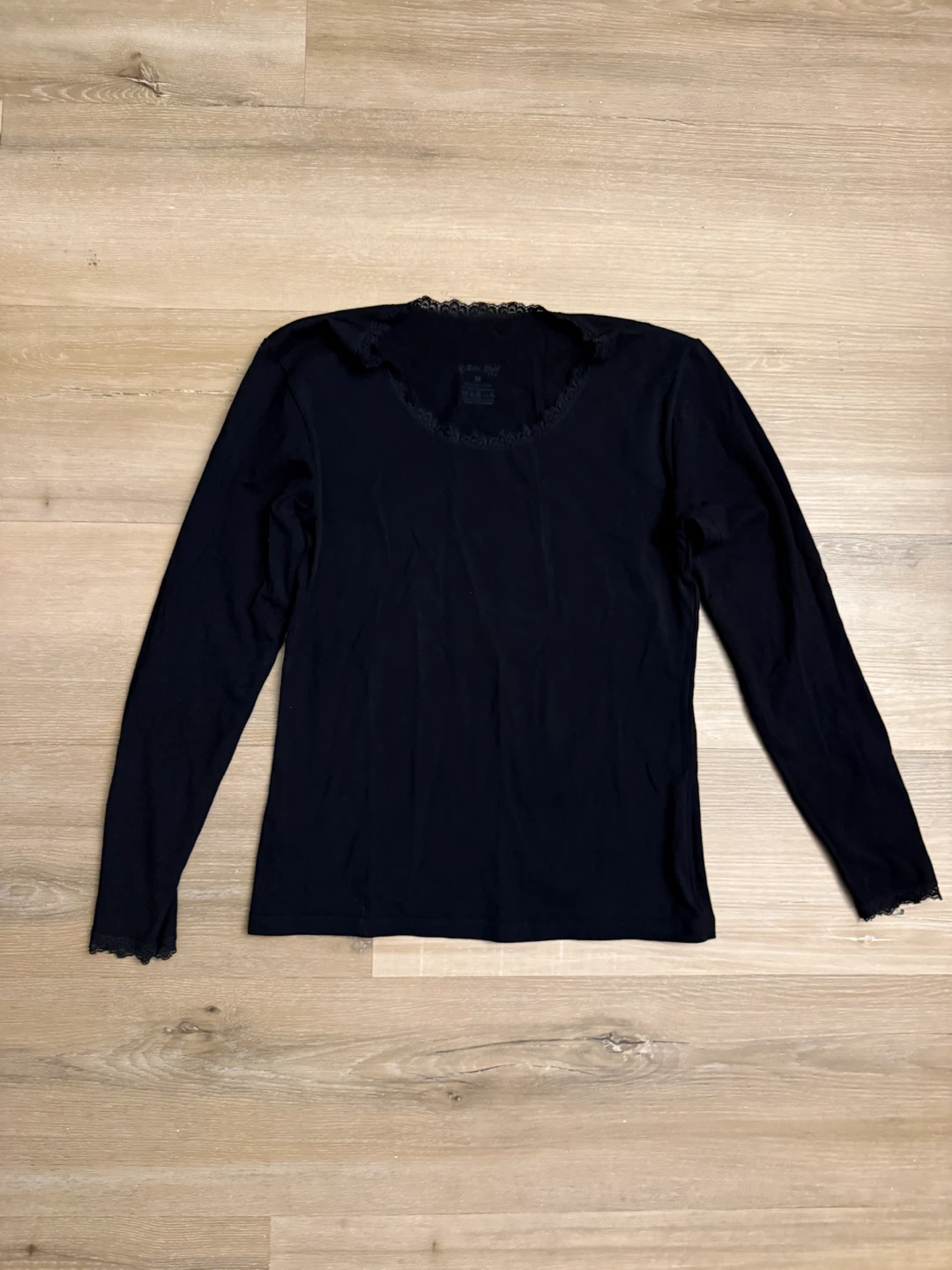 Black Long Sleeve Top with Lace Trim - Size M